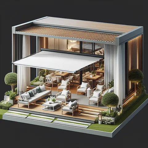Realistic stock image of modern motorized awning.