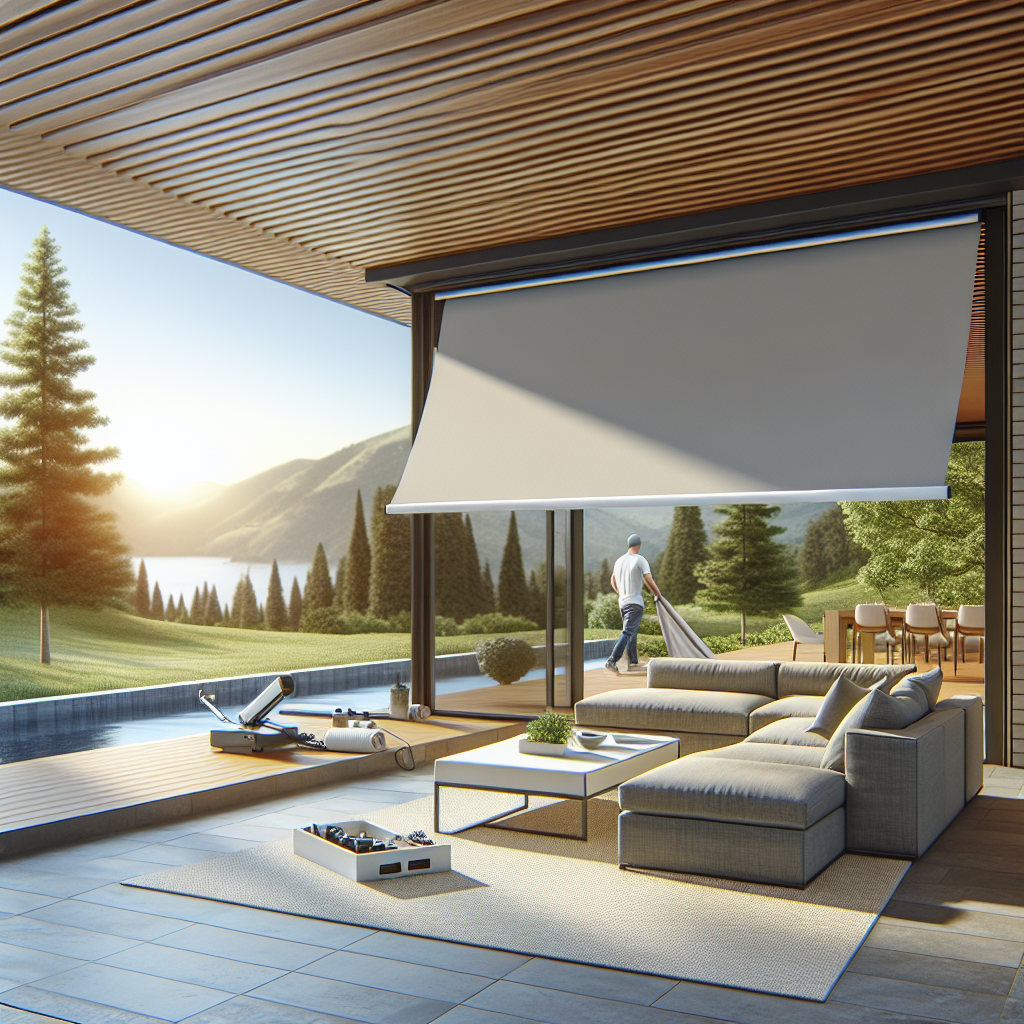 Modern motorized awning installation on a terrace